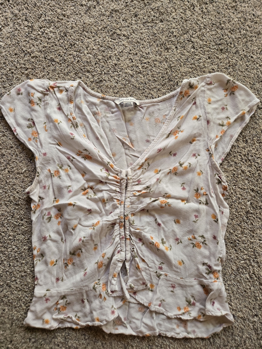 American Eagle Outfitters Light Pink Floral Ruched Tie-Front Blouse